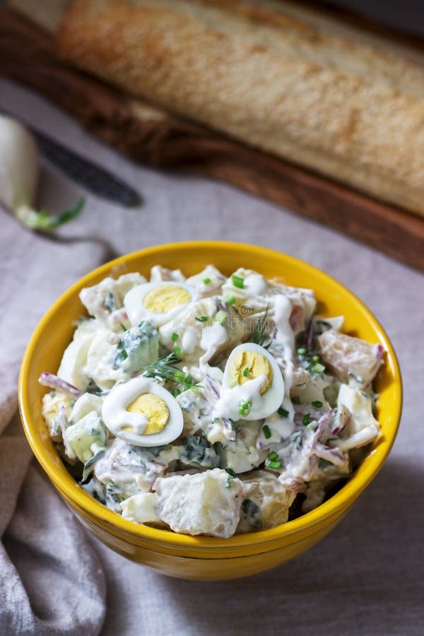 Traditional American Potato Salad with Egg and Mayonnaise, Served with Bread. Rustic Style Stock