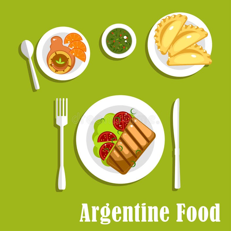 Traditional argentine cuisine flat icons with asado, served with grilled beef steak and tomatoes on lettuce, empanadas, dulce de leche milk candy with fresh oranges and cup of mate tea. Traditional argentine cuisine flat icons with asado, served with grilled beef steak and tomatoes on lettuce, empanadas, dulce de leche milk candy with fresh oranges and cup of mate tea