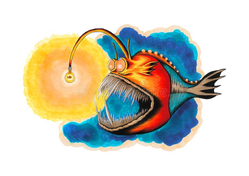 Colorful Anglerfish with Golden Fish inside Light Bulb