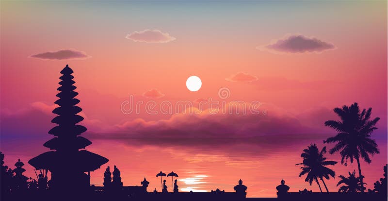 Traditional Balinese Temple And Palm Trees Silhouette On Pink Cloudy
