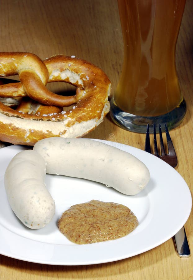 Traditional bavarian white sausage and bretzel