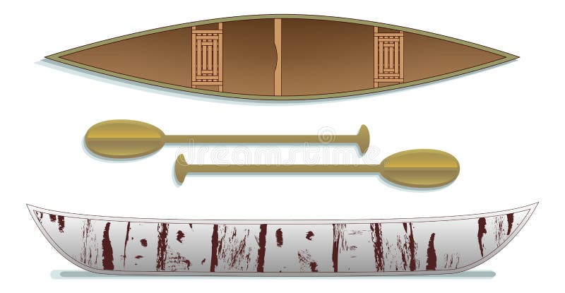 Traditional birch bark canoe and paddles two views