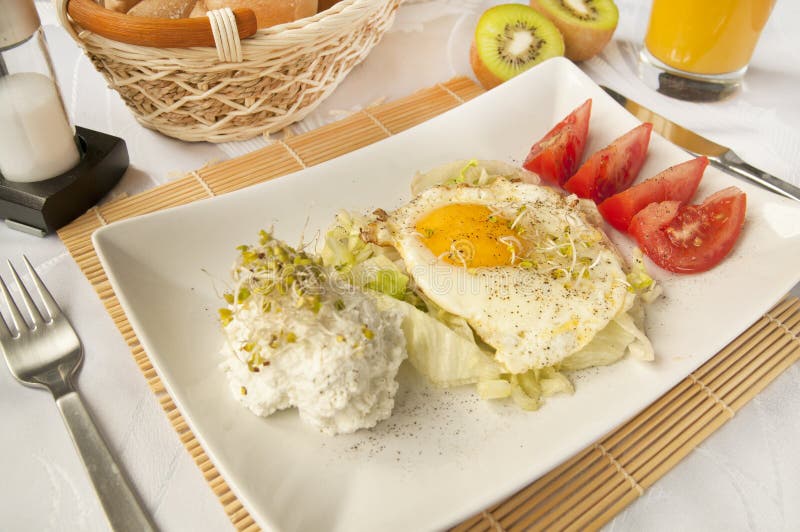 Traditional Breakfast Fried Eggs and Cottage Cheese Stock Photo