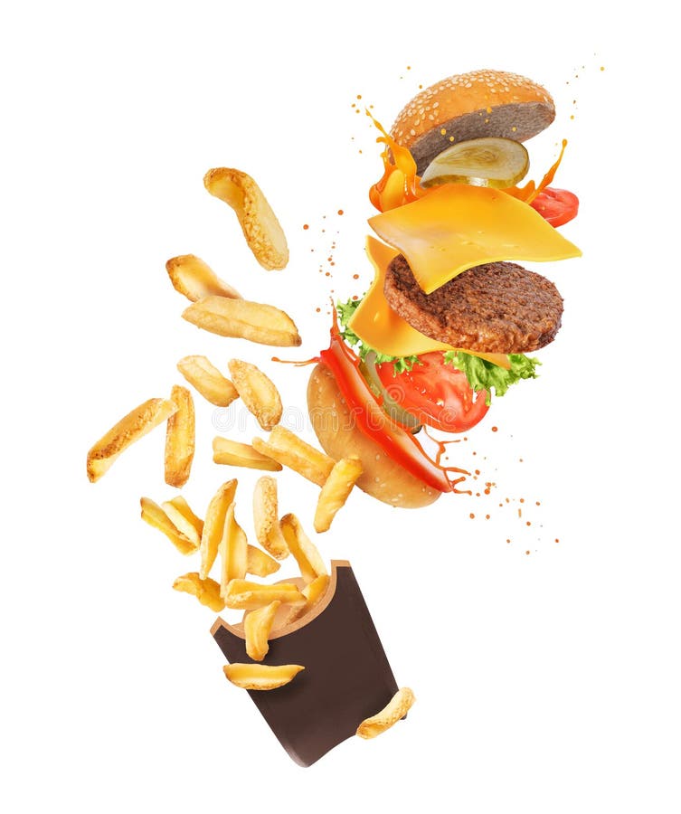 Traditional Burger with Baked Potatoes in the Air on a White Background