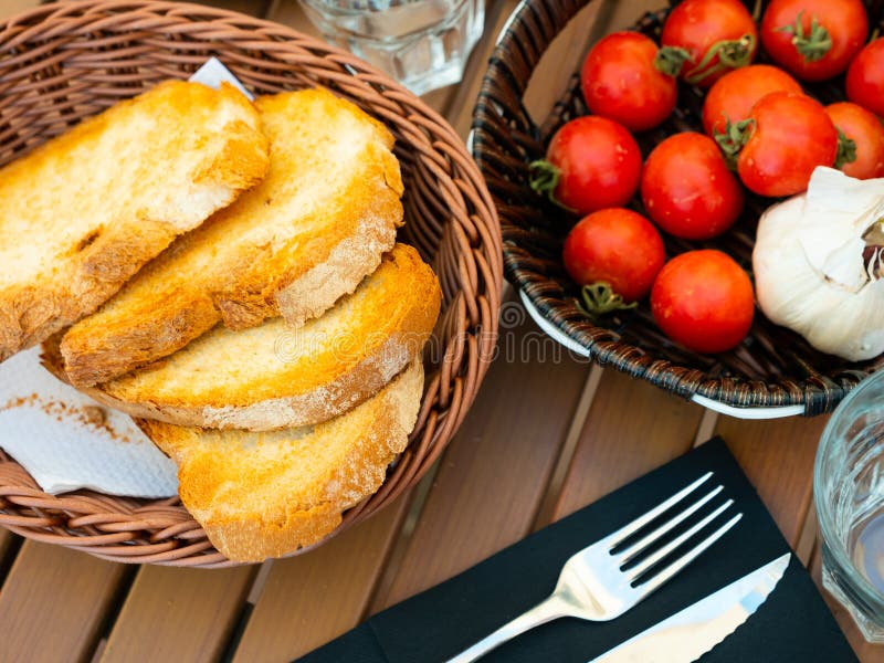 Traditional Catalan Dish, Pan Con Tomate, Served on Table Stock Image ...