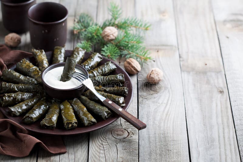 Traditional Caucasian dishes (Dolma), stuffed grape leaves with meat