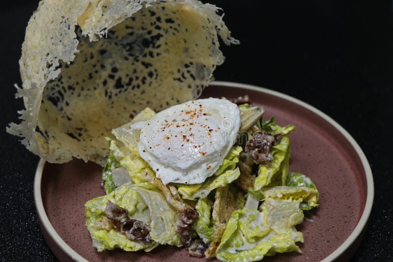 Traditional Chicken Caesar Salad with Poached Egg and Parmesan Cheese