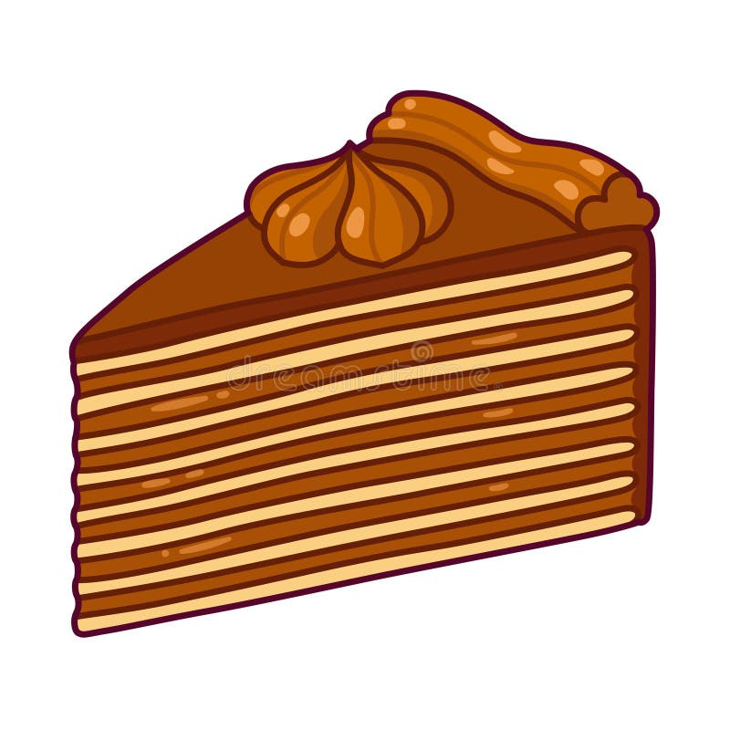Slice of traditional Chilean Torta Mil Hojas cake. Mille-feuille pastry with many thin layers and dulce de leche (manjar) filling. Cartoon drawing, vector illustration