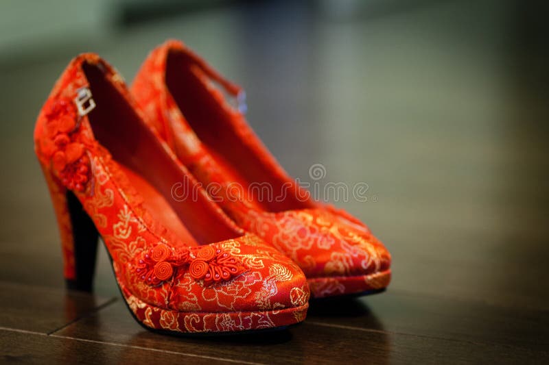 traditional chinese wedding shoes pair red embroidered worn bride as part qipao outfit day deliberate 44678385