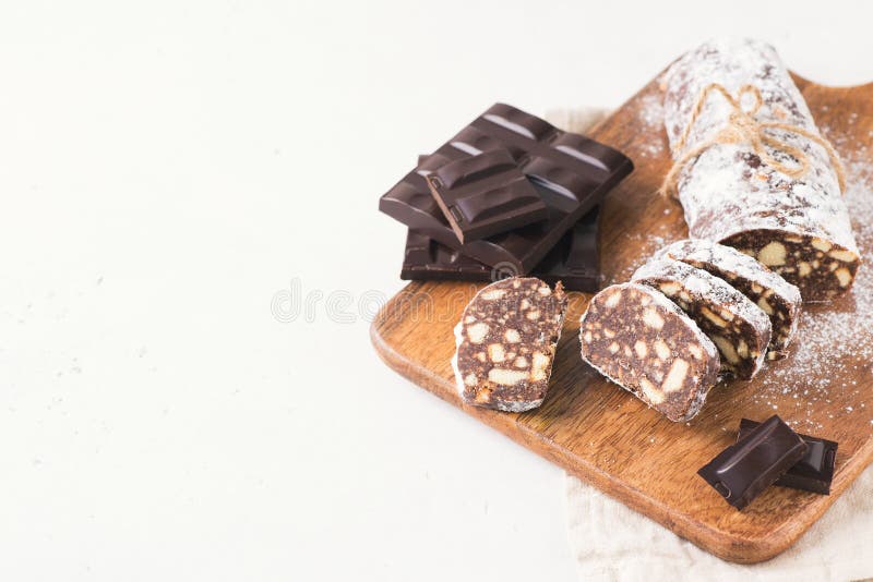 Traditional Chocolate Sausage Salami with Cocoa and Chocolate Stock