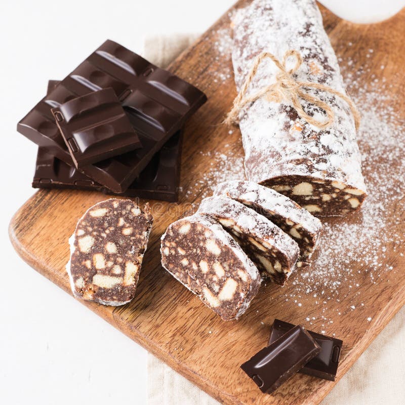 Traditional Chocolate Sausage Salami with Cocoa and Chocolate Stock