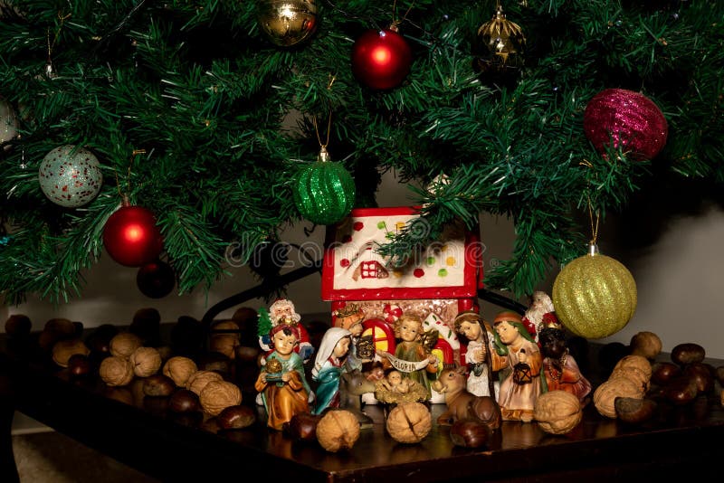 Traditional Christmas Crib Decorated Under the Christmas Tree Stock