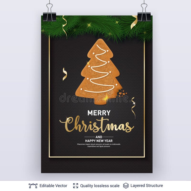 Gingerbread fir tree cookie on dark banner. stock illustration Gingerbread fir tree cookie on dark banner. stock illustration
