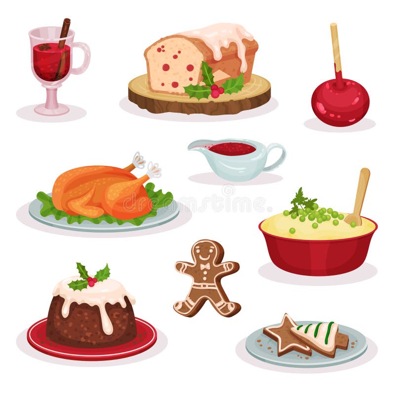 Traditional Christmas food and desserts set, mulled wine, fruitcake, caramel apple, roasted turkey, mashed potato.