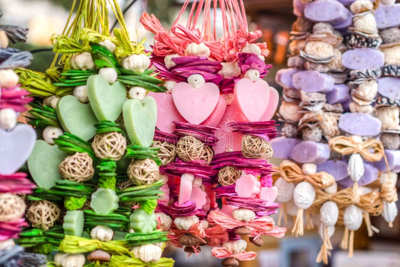 Traditional christmas market decoration, kiosk full of flavoured soaps