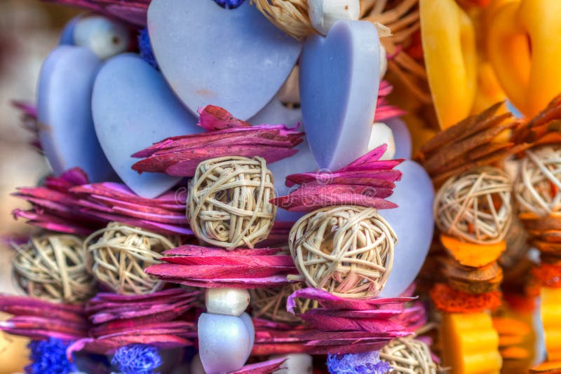 Traditional christmas market decoration, kiosk full of flavoured soaps