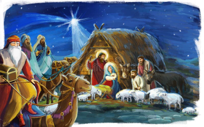 Traditional christmas scene with holy family and three kings for different usage - illustration for children