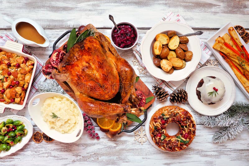 Traditional Christmas Turkey Dinner. Top View Corner Border on a Rustic