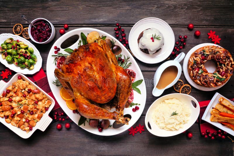 Traditional Christmas Turkey Dinner. Top View Panoramic Table Scene on ...