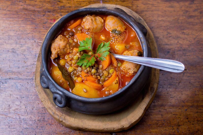 Traditional Clay Pot Containing a Lentil Stew Top Stock Photo Image
