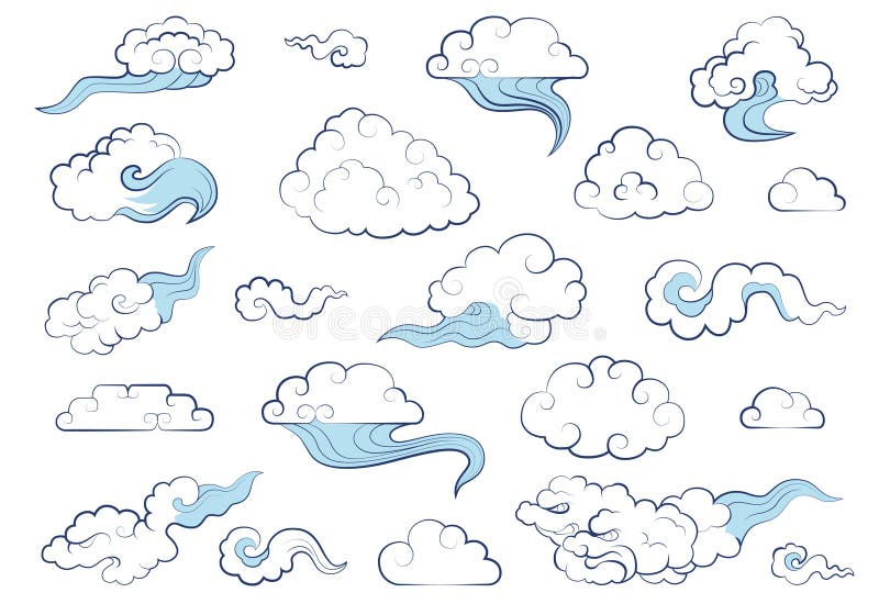 Clouds in traditional Chinese style. Big set of weather elements clouds, fog, cloudlet, wind