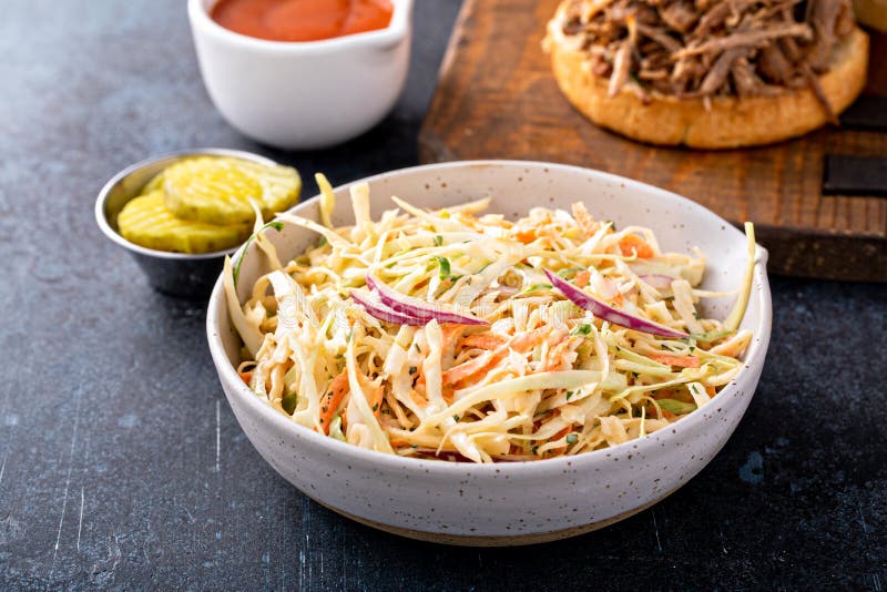 Traditional Cole Slaw Salad, Side Dish for Pulled Pork Sandwich Stock