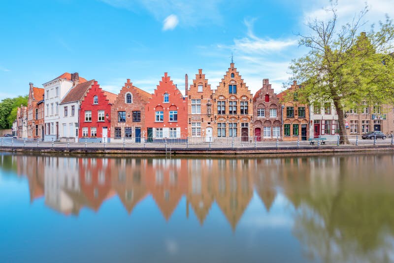 Traditional colorful buildings on the riverside in Brugge, Belgium.