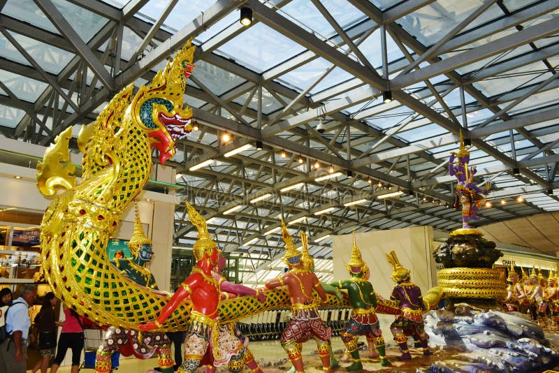 Traditional composition of sculptures inside Bangkok airport