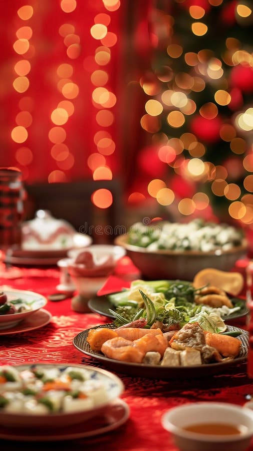 a traditional Chinese New Year table setup, include dishes like whole fish for prosperity, dumplings for wealth, noodles for longevity, and sticky rice cakes for a sweet year ahead. Decorate the table with red tablecloths and dishes, as red symbolizes good luck in Chinese culture. Add fresh fruits like oranges and tangerines for their symbolism of prosperity and good fortune. Serve tea instead of water, as it is a sign of respect. a traditional Chinese New Year table setup, include dishes like whole fish for prosperity, dumplings for wealth, noodles for longevity, and sticky rice cakes for a sweet year ahead. Decorate the table with red tablecloths and dishes, as red symbolizes good luck in Chinese culture. Add fresh fruits like oranges and tangerines for their symbolism of prosperity and good fortune. Serve tea instead of water, as it is a sign of respect.