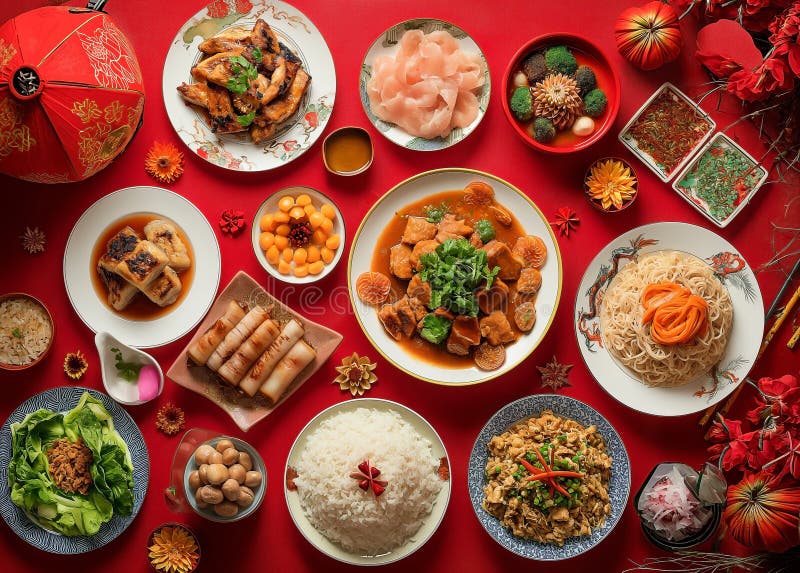 a traditional Chinese New Year table setup, include dishes like whole fish for prosperity, dumplings for wealth, noodles for longevity, and sticky rice cakes for a sweet year ahead. Decorate the table with red tablecloths and dishes, as red symbolizes good luck in Chinese culture. Add fresh fruits like oranges and tangerines for their symbolism of prosperity and good fortune. Serve tea instead of water, as it is a sign of respect. a traditional Chinese New Year table setup, include dishes like whole fish for prosperity, dumplings for wealth, noodles for longevity, and sticky rice cakes for a sweet year ahead. Decorate the table with red tablecloths and dishes, as red symbolizes good luck in Chinese culture. Add fresh fruits like oranges and tangerines for their symbolism of prosperity and good fortune. Serve tea instead of water, as it is a sign of respect.