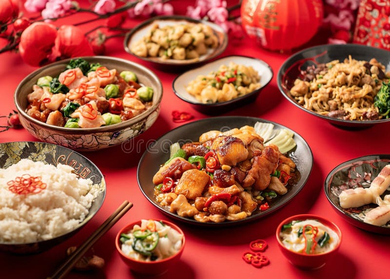 a traditional Chinese New Year table setup, include dishes like whole fish for prosperity, dumplings for wealth, noodles for longevity, and sticky rice cakes for a sweet year ahead. Decorate the table with red tablecloths and dishes, as red symbolizes good luck in Chinese culture. Add fresh fruits like oranges and tangerines for their symbolism of prosperity and good fortune. Serve tea instead of water, as it is a sign of respect. a traditional Chinese New Year table setup, include dishes like whole fish for prosperity, dumplings for wealth, noodles for longevity, and sticky rice cakes for a sweet year ahead. Decorate the table with red tablecloths and dishes, as red symbolizes good luck in Chinese culture. Add fresh fruits like oranges and tangerines for their symbolism of prosperity and good fortune. Serve tea instead of water, as it is a sign of respect.