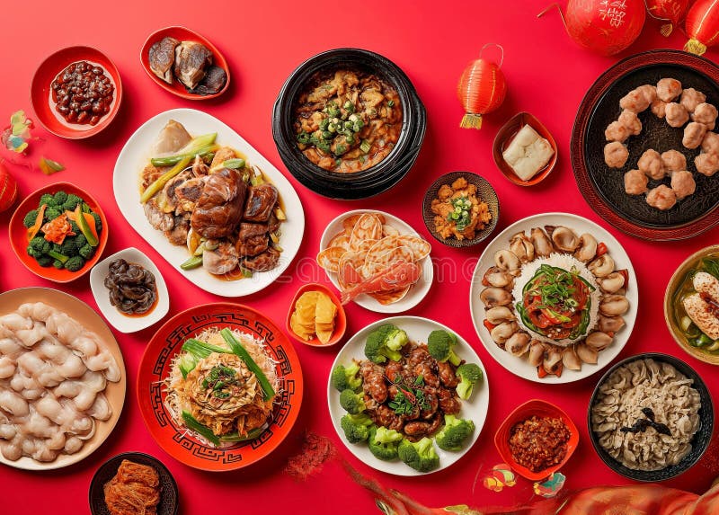 a traditional Chinese New Year table setup, include dishes like whole fish for prosperity, dumplings for wealth, noodles for longevity, and sticky rice cakes for a sweet year ahead. Decorate the table with red tablecloths and dishes, as red symbolizes good luck in Chinese culture. Add fresh fruits like oranges and tangerines for their symbolism of prosperity and good fortune. Serve tea instead of water, as it is a sign of respect. a traditional Chinese New Year table setup, include dishes like whole fish for prosperity, dumplings for wealth, noodles for longevity, and sticky rice cakes for a sweet year ahead. Decorate the table with red tablecloths and dishes, as red symbolizes good luck in Chinese culture. Add fresh fruits like oranges and tangerines for their symbolism of prosperity and good fortune. Serve tea instead of water, as it is a sign of respect.