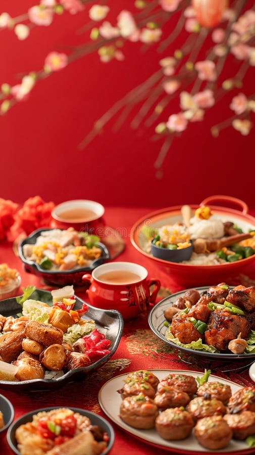 a traditional Chinese New Year table setup, include dishes like whole fish for prosperity, dumplings for wealth, noodles for longevity, and sticky rice cakes for a sweet year ahead. Decorate the table with red tablecloths and dishes, as red symbolizes good luck in Chinese culture. Add fresh fruits like oranges and tangerines for their symbolism of prosperity and good fortune. Serve tea instead of water, as it is a sign of respect. a traditional Chinese New Year table setup, include dishes like whole fish for prosperity, dumplings for wealth, noodles for longevity, and sticky rice cakes for a sweet year ahead. Decorate the table with red tablecloths and dishes, as red symbolizes good luck in Chinese culture. Add fresh fruits like oranges and tangerines for their symbolism of prosperity and good fortune. Serve tea instead of water, as it is a sign of respect.