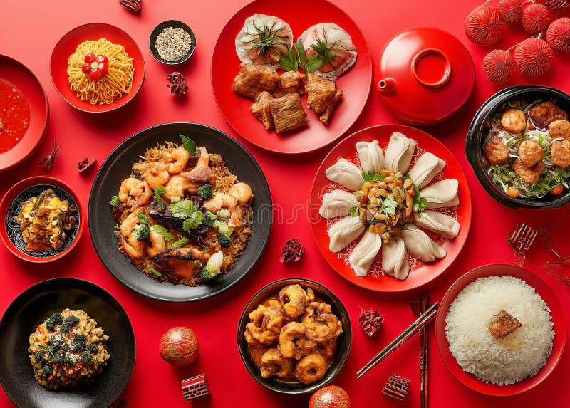 a traditional Chinese New Year table setup, include dishes like whole fish for prosperity, dumplings for wealth, noodles for longevity, and sticky rice cakes for a sweet year ahead. Decorate the table with red tablecloths and dishes, as red symbolizes good luck in Chinese culture. Add fresh fruits like oranges and tangerines for their symbolism of prosperity and good fortune. Serve tea instead of water, as it is a sign of respect. a traditional Chinese New Year table setup, include dishes like whole fish for prosperity, dumplings for wealth, noodles for longevity, and sticky rice cakes for a sweet year ahead. Decorate the table with red tablecloths and dishes, as red symbolizes good luck in Chinese culture. Add fresh fruits like oranges and tangerines for their symbolism of prosperity and good fortune. Serve tea instead of water, as it is a sign of respect.