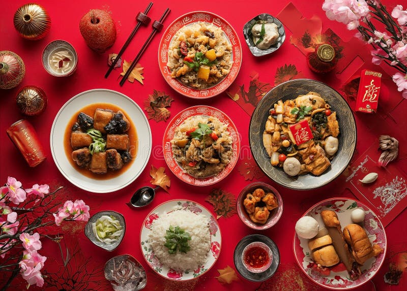 a traditional Chinese New Year table setup, include dishes like whole fish for prosperity, dumplings for wealth, noodles for longevity, and sticky rice cakes for a sweet year ahead. Decorate the table with red tablecloths and dishes, as red symbolizes good luck in Chinese culture. Add fresh fruits like oranges and tangerines for their symbolism of prosperity and good fortune. Serve tea instead of water, as it is a sign of respect. a traditional Chinese New Year table setup, include dishes like whole fish for prosperity, dumplings for wealth, noodles for longevity, and sticky rice cakes for a sweet year ahead. Decorate the table with red tablecloths and dishes, as red symbolizes good luck in Chinese culture. Add fresh fruits like oranges and tangerines for their symbolism of prosperity and good fortune. Serve tea instead of water, as it is a sign of respect.