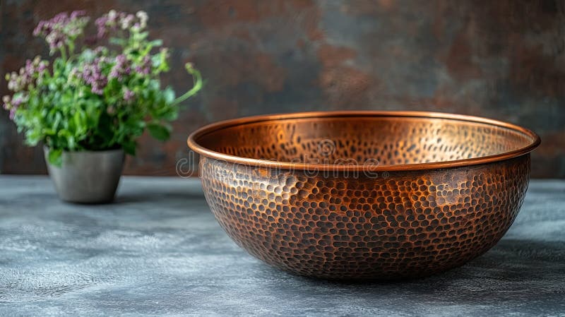 Traditional Copper Bowl cu fond de flori în lumina zilei royalty free stock images