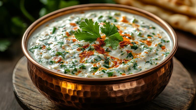 Traditional Copper Bowl cu Raita Dip in Warm Lighting stock photography