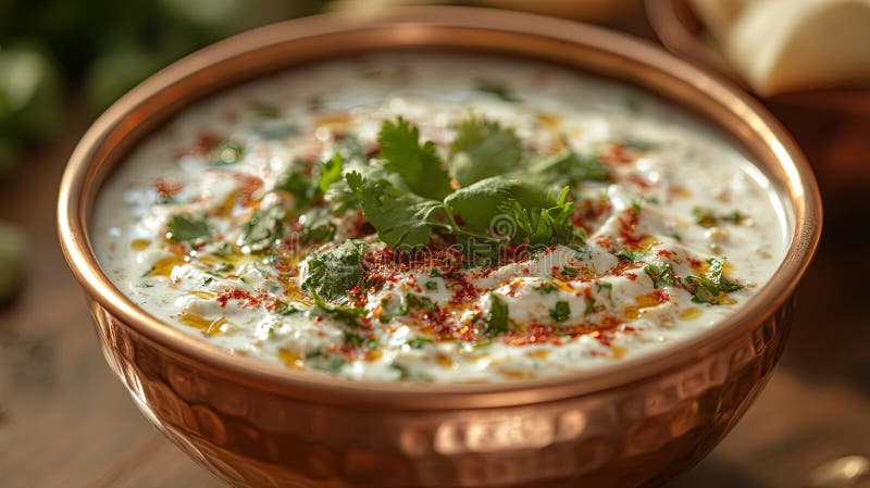 Traditional Copper Bowl cu Raita and Warm Lighting royalty free stock photography