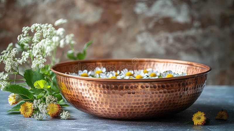 Traditional Copper Bowl with Flowers in Soft Day royalty free stock photos