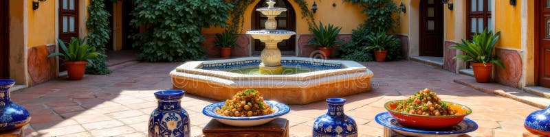 Traditional courtyard with fountain and decorative pottery plates in vibrant colors royalty free stock photography
