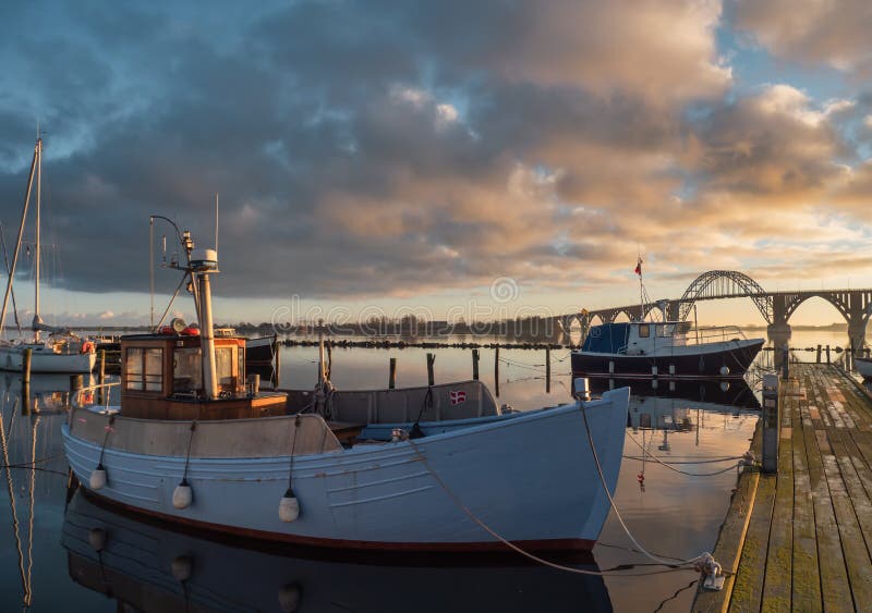Traditional Danish Cutter in Kalvehave Harbor, Denmark Stock Image