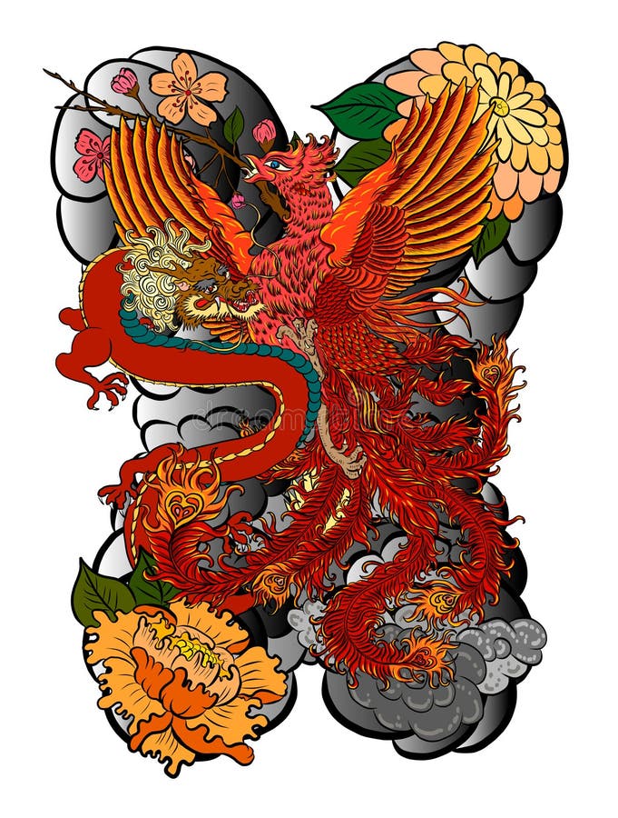 Dragon Phoenix Tattoo Art Print Art Print by Cathy FitzGerald  Tatouage  phénix homme Tatouage phénix japonais Designs de tatouage de dragon