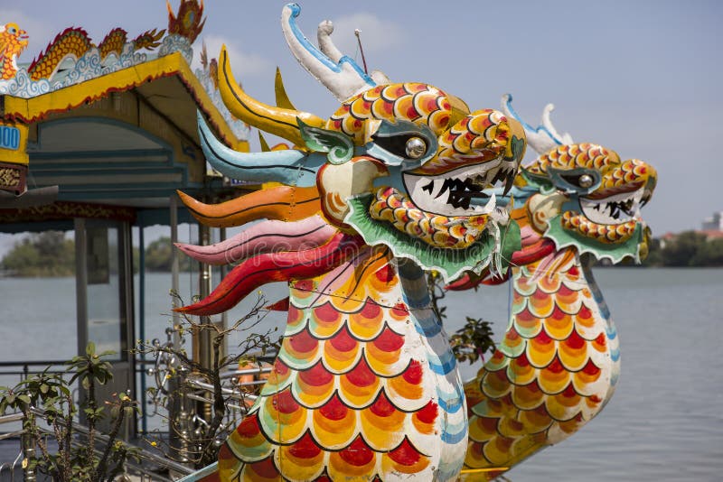 Traditional dragon boat on the Perfume river in Hue, Vietnam. Closeup of the traditional dragon boat on the Perfume river in Hue, Vietnam royalty free stock image Traditional dragon boat on the Perfume river in Hue, Vietnam. Closeup of the traditional dragon boat on the Perfume river in Hue, Vietnam royalty free stock image