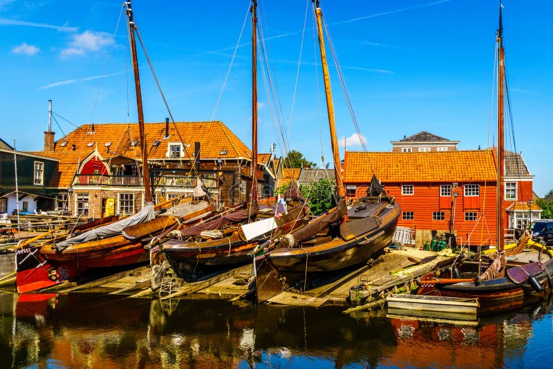 Traditional Dutch Botter Fishing Boats on the Dry Dock in the Harbor of the historic village of Spakenburg-Bunschoten