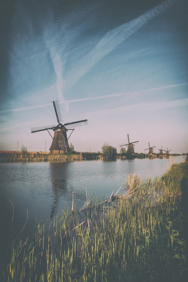 Traditional dutch countryside, landscape famous village of mills Kinderdijk, Netherlands