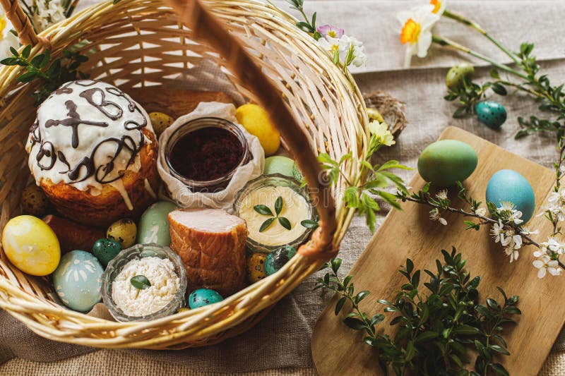 Traditional Easter Food in Basket. Homemade Easter Bread, Natural Dyed