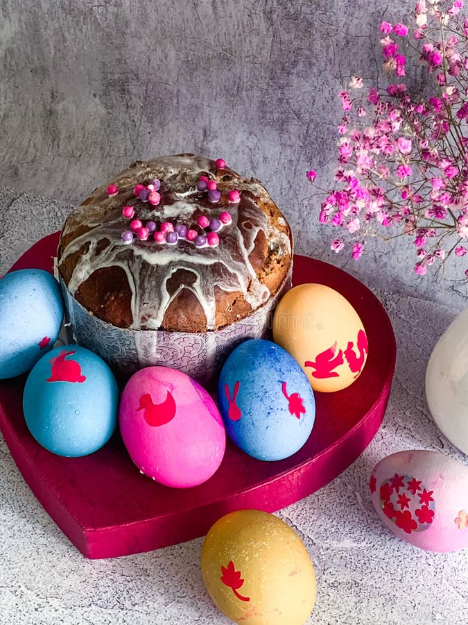 Traditional Easter Food of Orthodox Easter Cake and Colored Painted