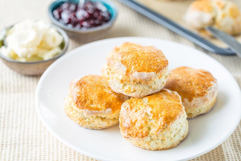 Traditional English Afternoon Tea Fruit Scones with Strawberry Preserve and Cheese Cream