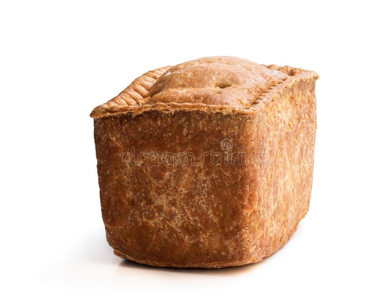 Traditional English Savoury Gala Egg Pork Pie Isolated on White Stock