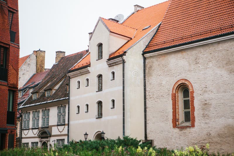Traditional exterior of houses in Riga in Latvia. European architecture royalty free stock photos Traditional exterior of houses in Riga in Latvia. European architecture royalty free stock photos